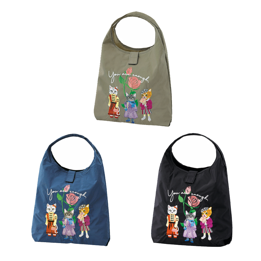 ポータブル刺繍マルシェバッグ(ポケット付)　ネコ